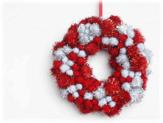 Holiday Christmas Wreath Small Home Decor - Red Silver White Sparkle Pom Pom Hostess Gift