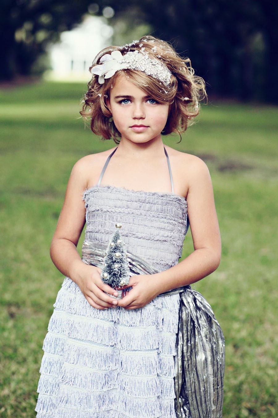 Dove Grey Vera Flapper Flower Girl Dress- With Hand Fed Tinsle Sash Example