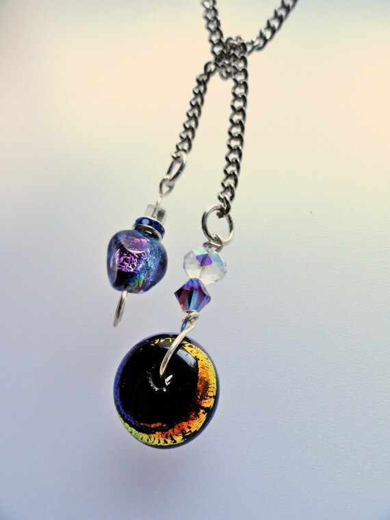 Midnight Blue and Purple Dichroic bead lariat necklace
