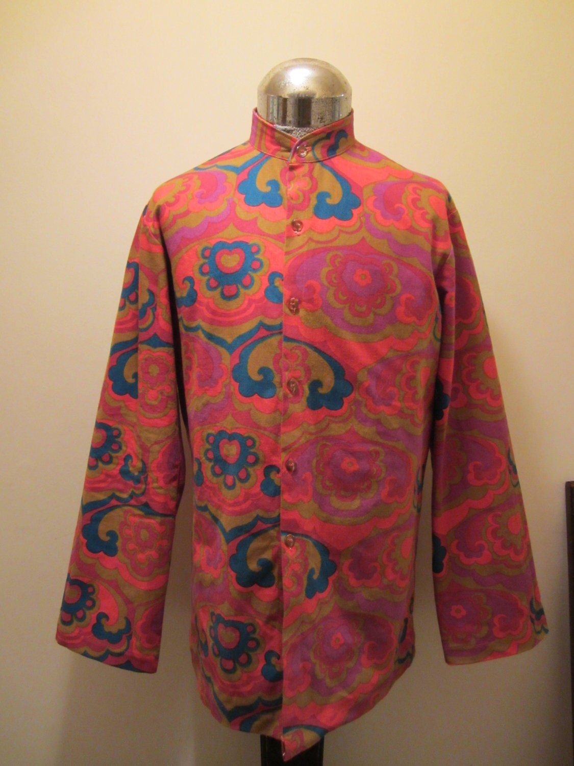 Hand Made Vintage 60s Style Psychedelic Nehru Collar Shirt 38/40" Chest