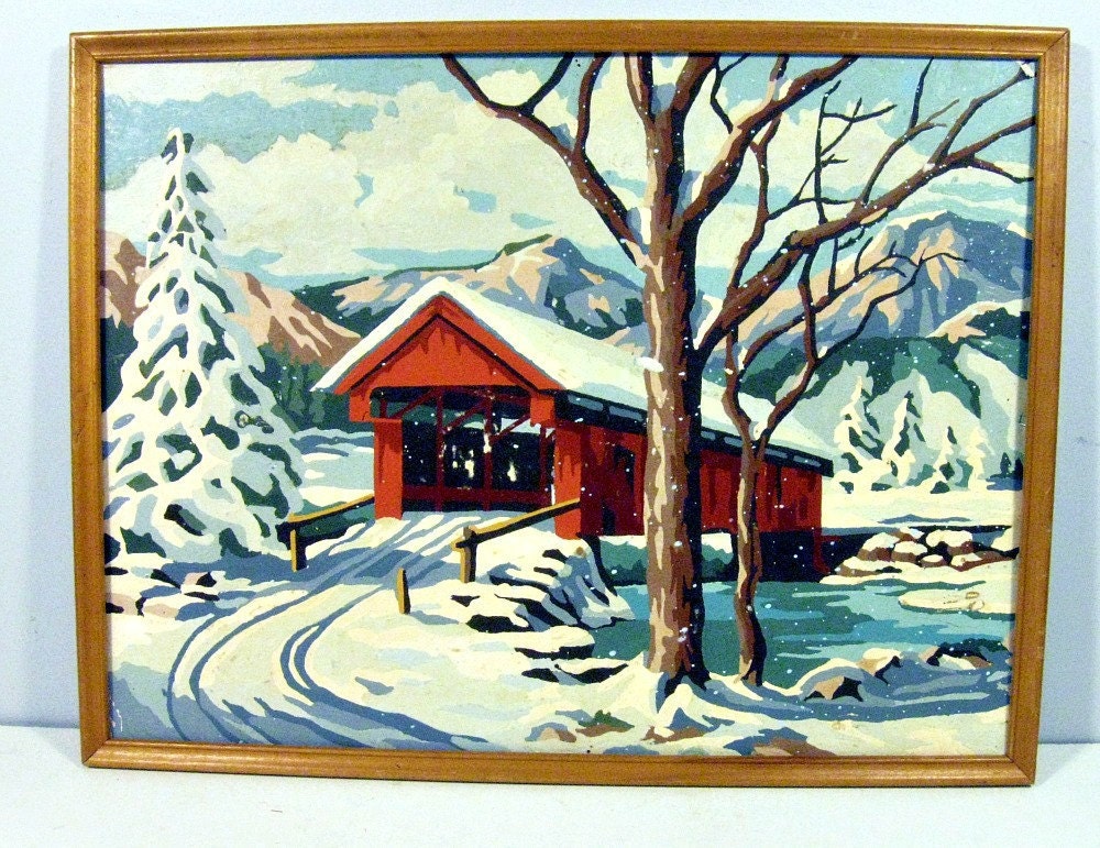 vintage paint by number - winter bridge - framed - 12 x 16