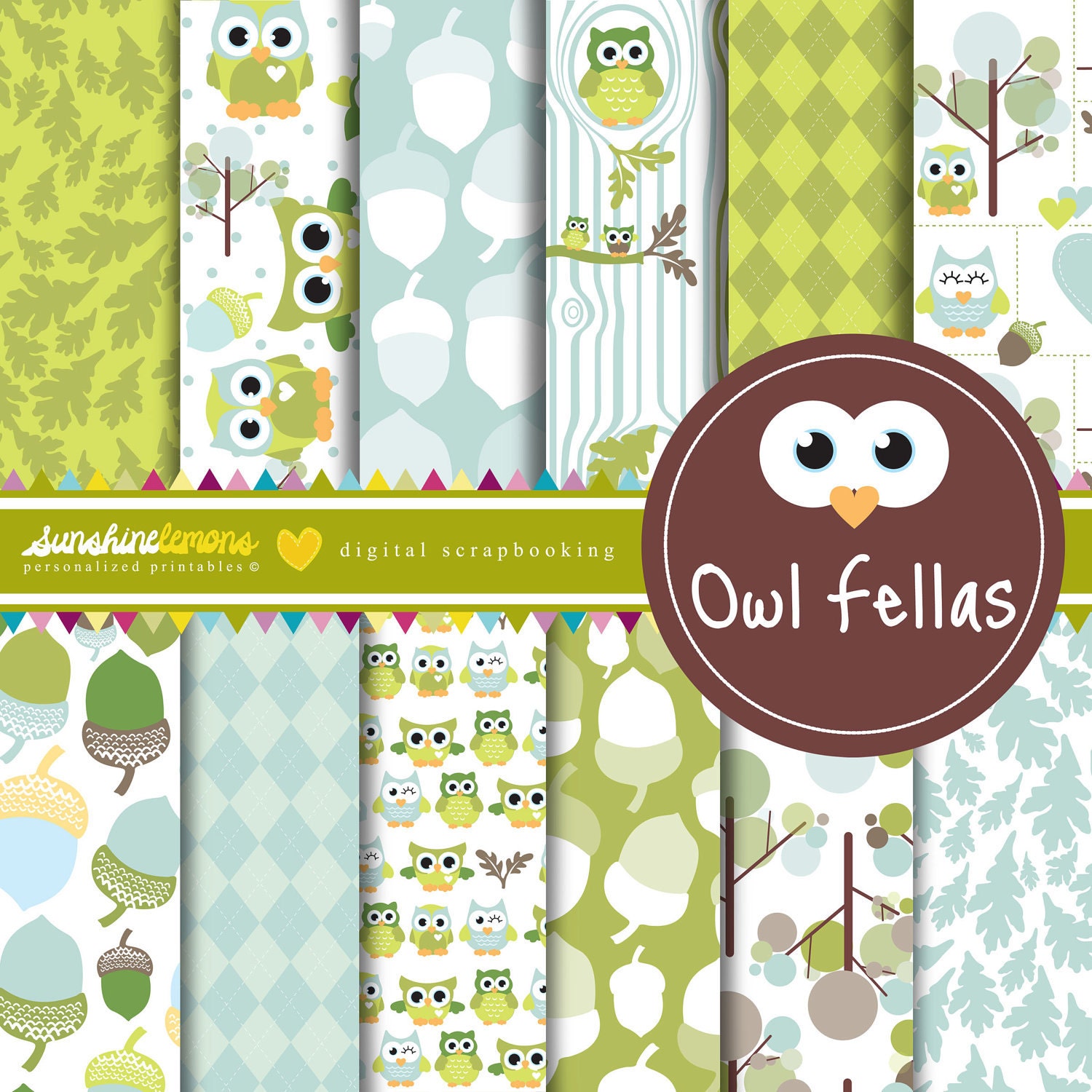 Green Baby Owls Digital Scrapbooking Paper Set