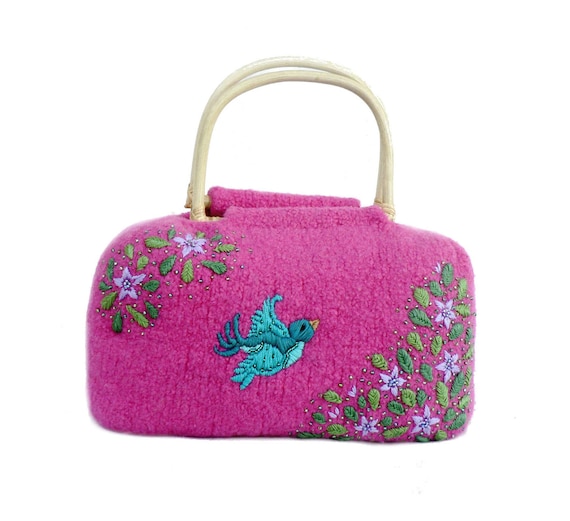 Fuchsia Felt Bag with Embroidery
