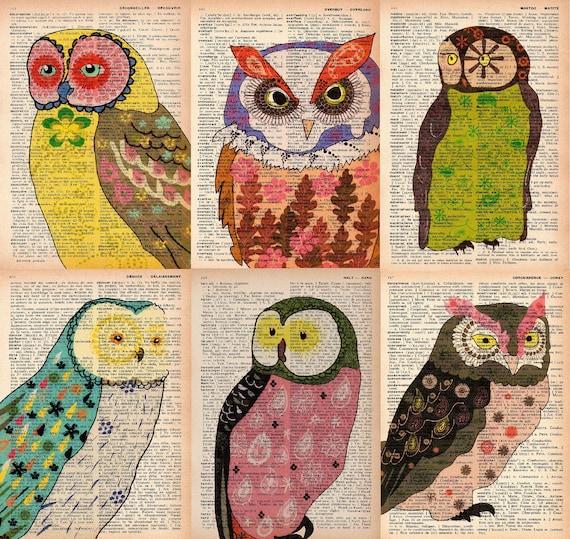 recycled book page prints - set of 6 - vintage dictionary print - owl print - owl art print