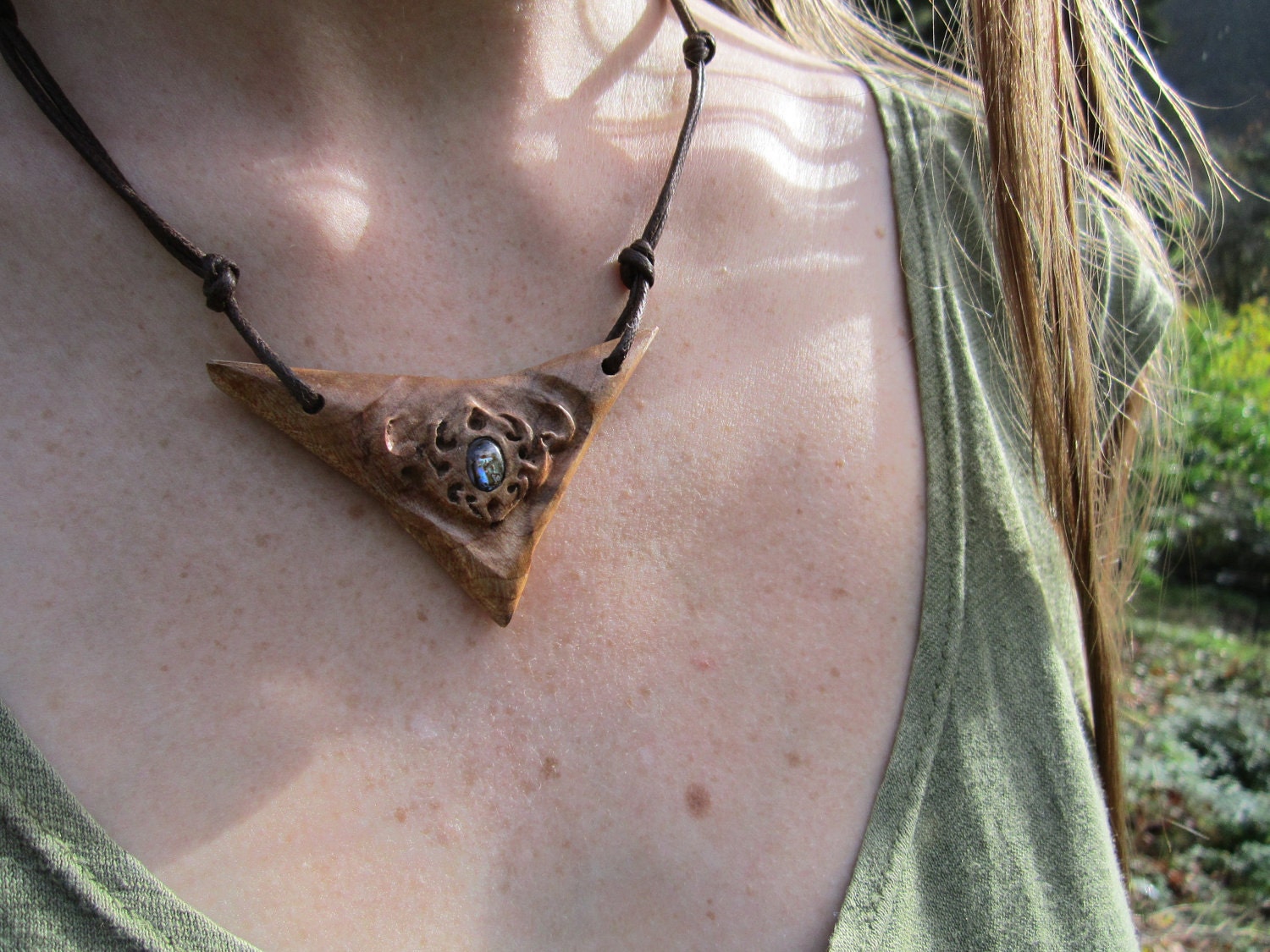 SALE- Wood Abalone Necklace- Tribal Light Abalone- Carved in Maple Burl