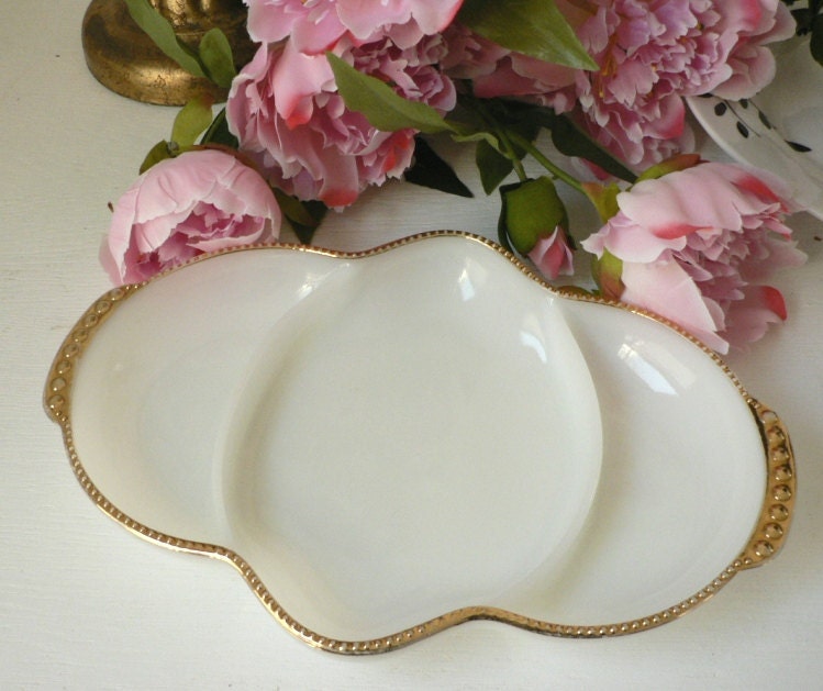 White and Gold Hollywood Regency Inspired Fire King tray