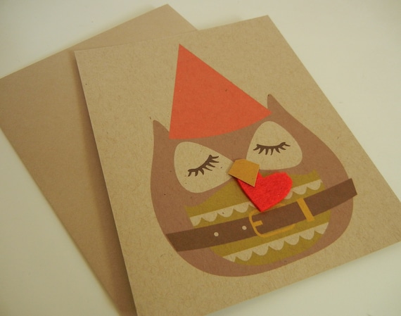 Stewart the Gnome Owl Felt Heart Holiday Christmas Note Card with Envelope