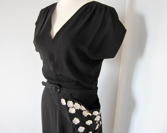 40s Black Dress / SIDE CAR Pocket  / Floral CONSTELLATION / vintage