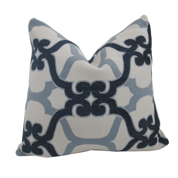 Decorative Designer Pillow Cover-18 inch-Two Toned Blue Trellis On Creme