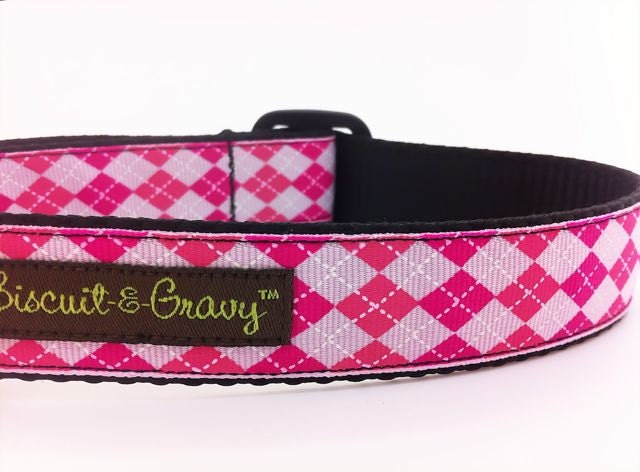 Dog Collar with Preppy Pink Plaid - 1" width - "Payton"