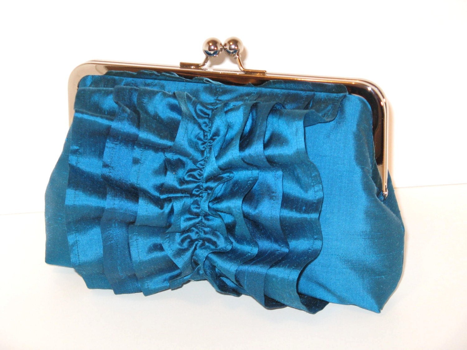 Ruffle Clutch in Peacock Blue Silk Dupioni