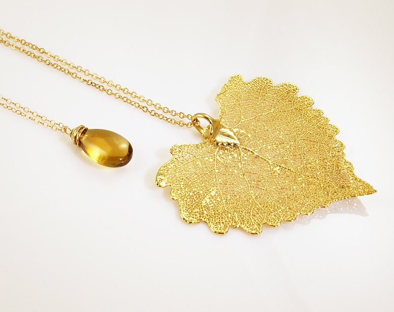 Polished Citrine and 24k Dipped Leaf Necklace Set by missashleylu from etsy.com