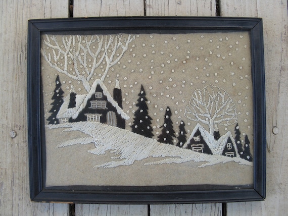 antique winter scene needlepoint wall hanging.  christmas snow framed needle work.