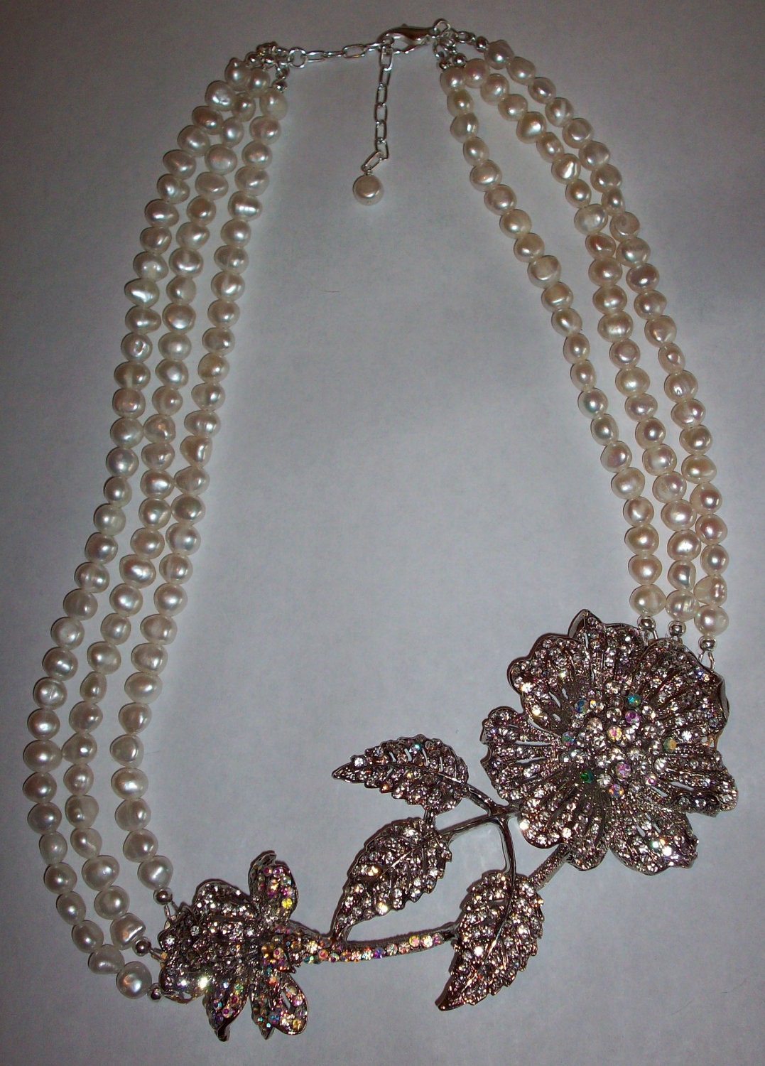 SALE 30% Off-Unique One of a Kind Huge Rhinestone Flower Freshwater Pearl Necklace Gifts under 100
