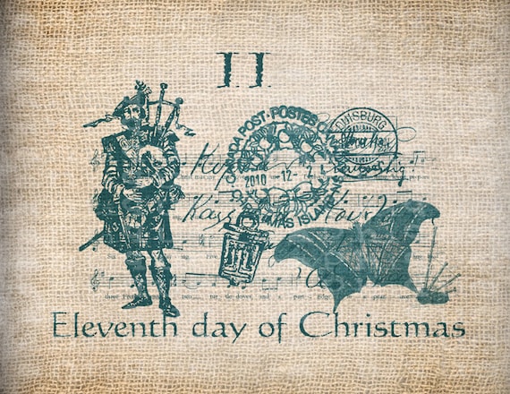 Antique AQUA Twelve Days of Christmas Eleventh Pipers Piping Postmarks Music Digital Download for Transfer, Pillows, etc Burlap No. 3407