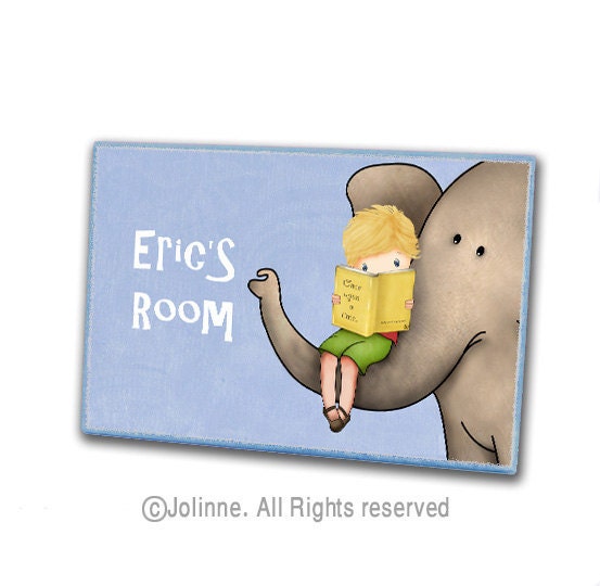 personalized children name door sign , kids room art, custom made, Elephant , books , boys room , kids door hanger