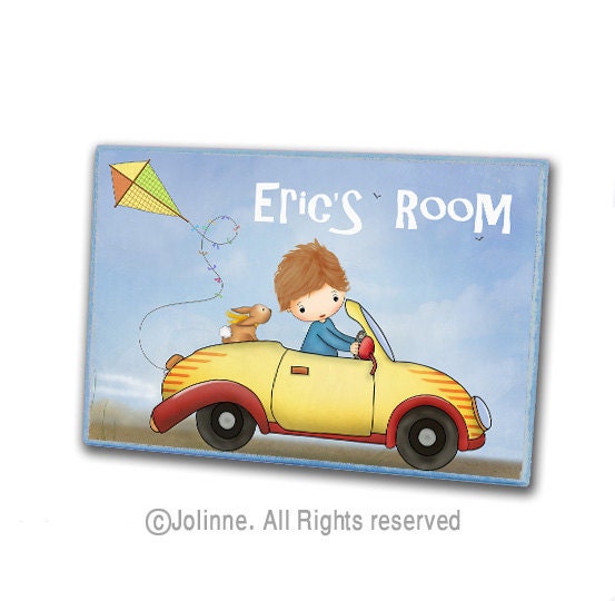 Baby boys room door sign, personalized children door plaque room wall art, boy in a yellow car, rabbit, bunny, kite