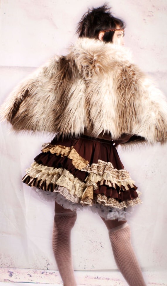 Gypsy Hood Cape cream brown Long faux Fur cloak shawl 70's Hippy Capelet Woodland Winter Wonderland Fairy coat Cosplay