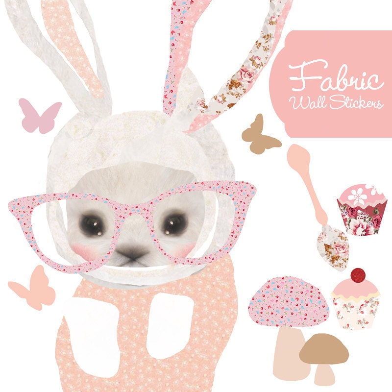 Girls Fabric Decal Wall Stickers - Bunny with Glasses