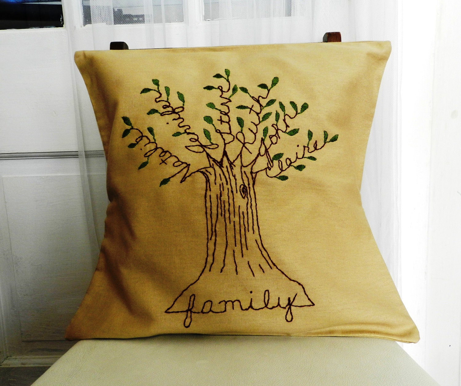 Personalized Family Tree Pillow Cover 16 inch. Mothers Day Gift. Embroidery.  Family Names.  Family.  Light Brown or Gray.