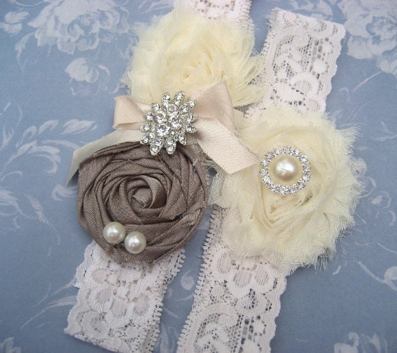Vintage Bridal Garter Wedding Garter Set Toss Garter included Taupe and