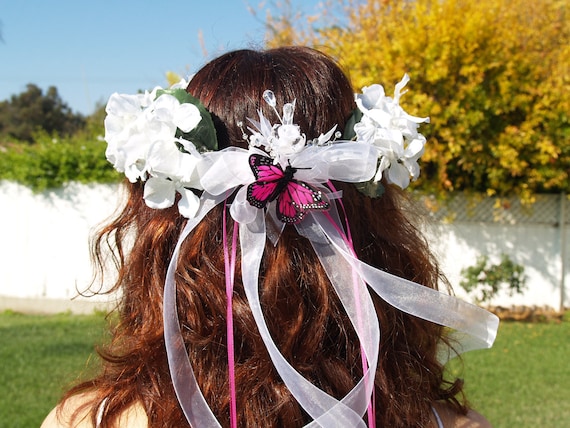 Spring Wedding Head Piece Brides White Hydrageas hot pink butterflies