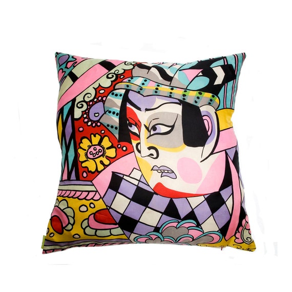 Vintage Oscar De La Renta Cushion Cover made with Upcycled Designer Silk Scarf Japanese Kabuki Multicoloured