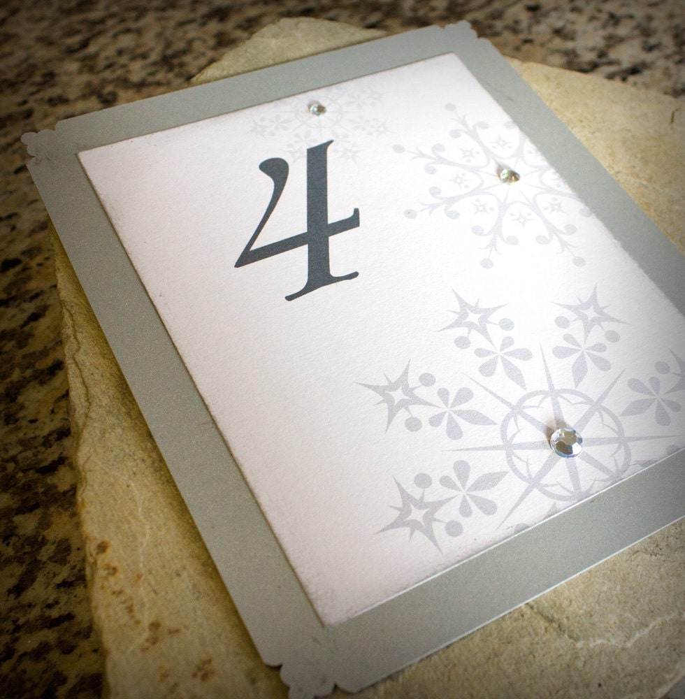 Snowflake Winter Wedding Table Numbers White Gray Silver Custom Color