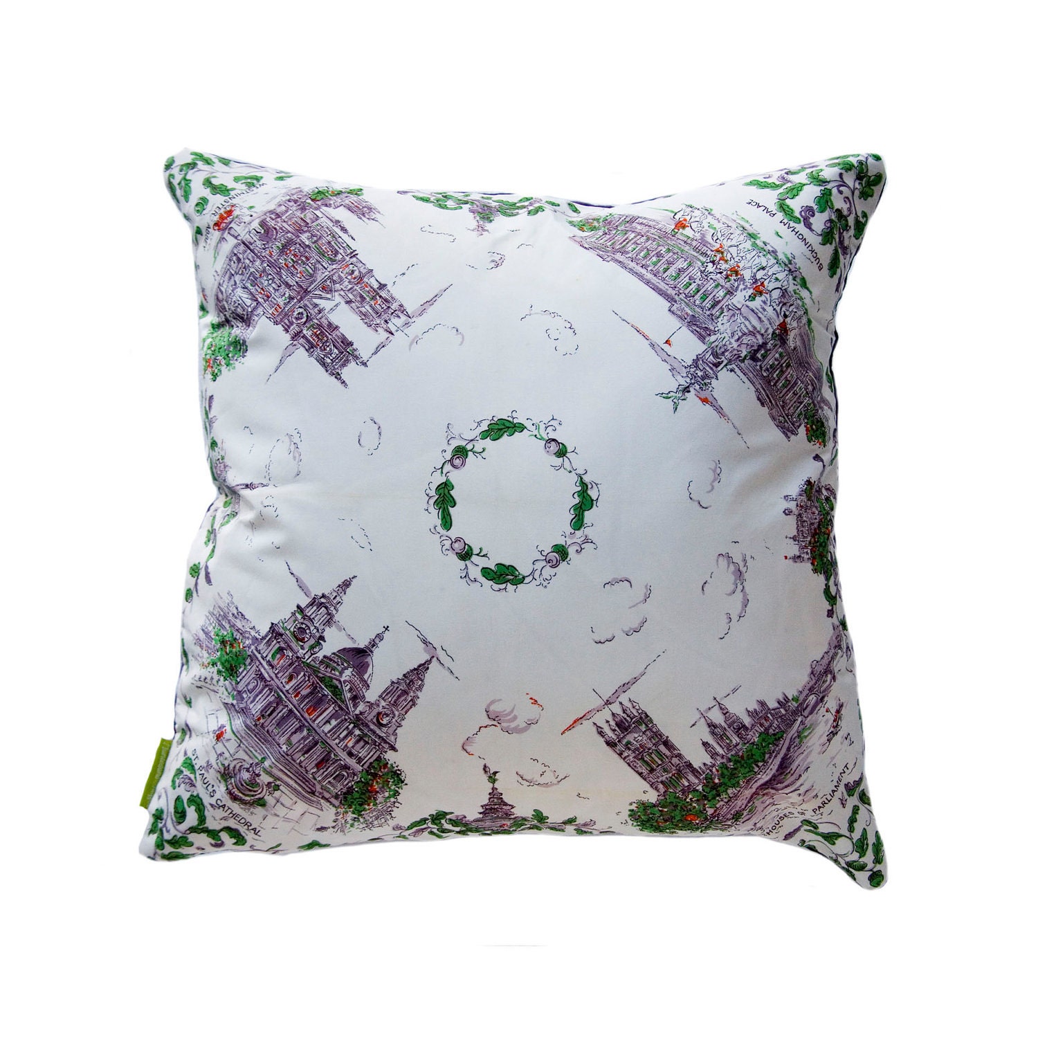Purple London silk scarf pillow cushion 19" 1950s Mid-Century Tourist Souvenir Landmarks Shabby Chic Boho
