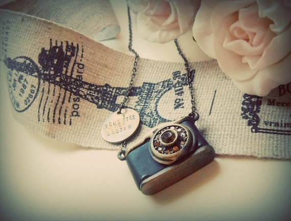 Traveler. Nostalgic honey crystal filled camera pendant with a hand stamped antiqued brass tag necklace