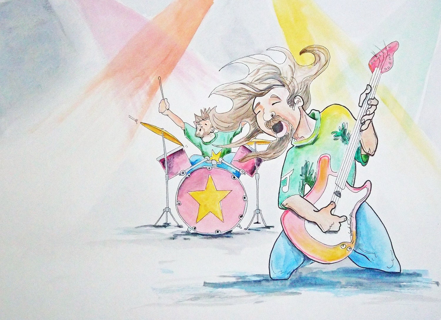 Original Watercolor Painting Page 12 13  from Children's Book Thunderful A rock-n-roll band that's WAY too noisy