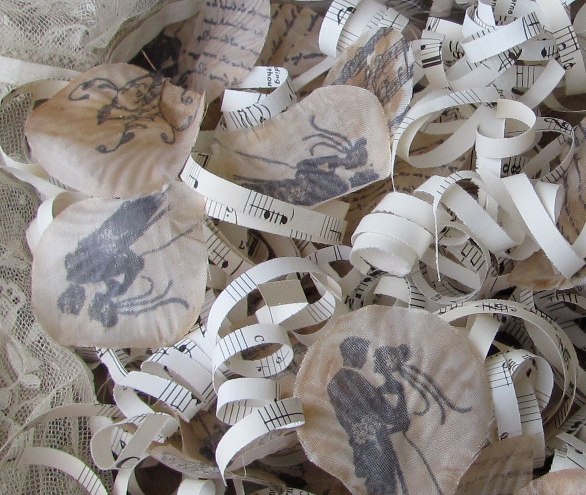 Flower Petals Bride and Groom And Vintage Sheets of Music 4 bags  by My Broken Art on Etsy