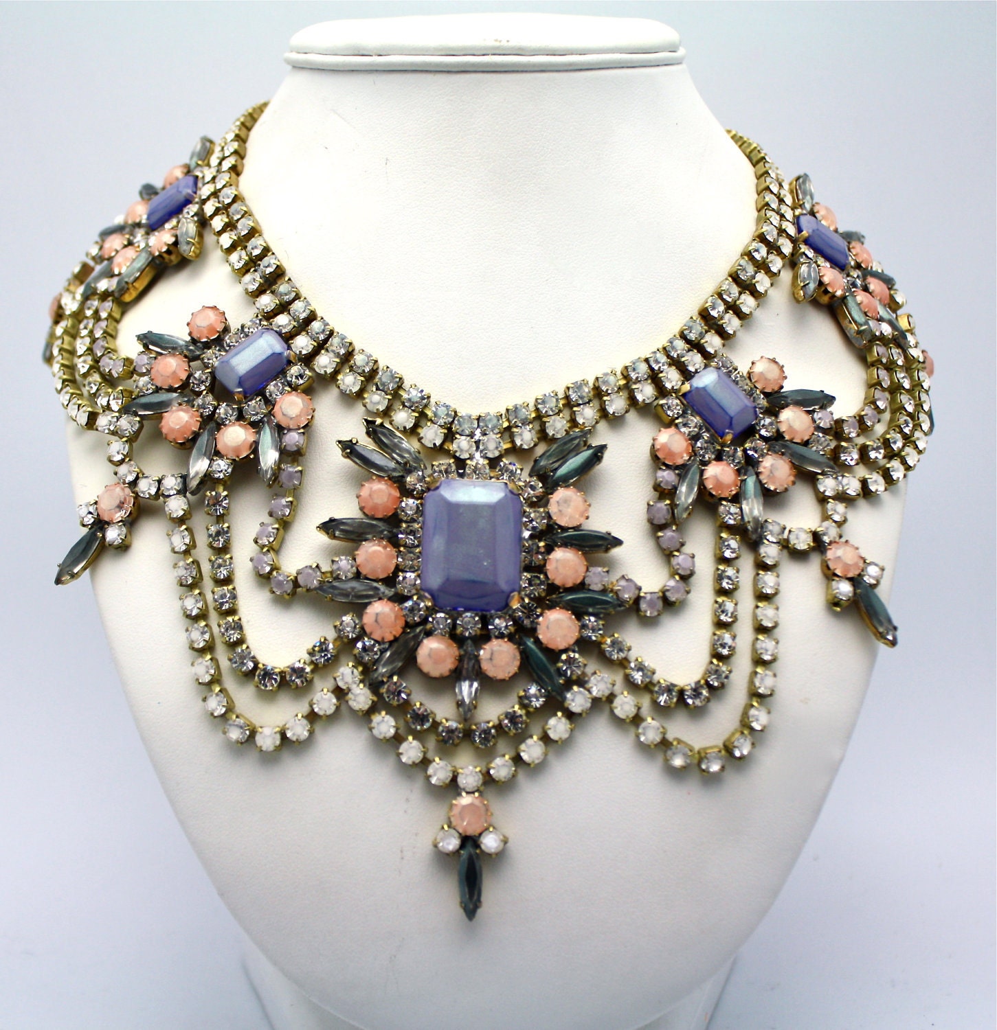 Pastel Statement Necklace with Vintage Dyed Crystal- Prague