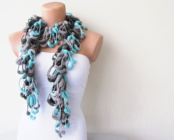 Turquoise, Grey, Brown Cute Pom Pom Long Mulberry Scarf