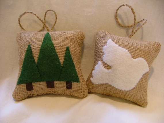 Woodland Burlap Ornaments White Dove and Pine Trees Hand Stitched - Set of 2