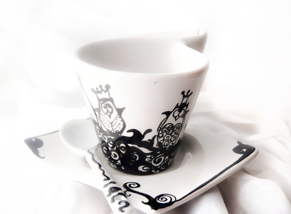 Hand painted Owl on Espresso coffee cup asymmetric with illustration of Owl's kingdom espresso cup