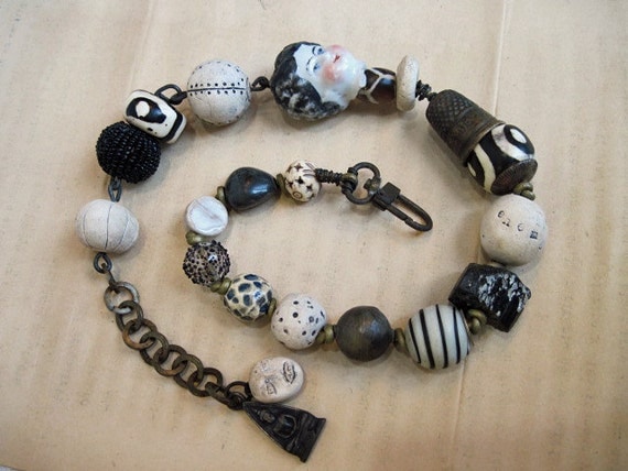 The Longing. Ceramic art beads, frozen charlotte victorian tribal rustic assemblage choker.