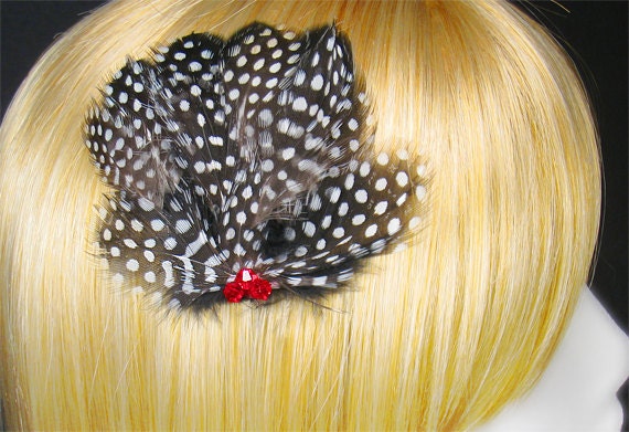 Black hair clip white feathers red crystals fascinators goth wedding gothic 