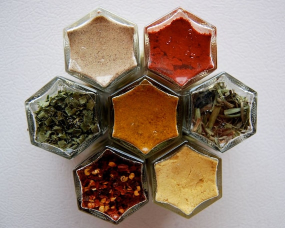 Magnetic Spice Kit (you choose 7 ORGANIC spices), Magnetic Jars Embossed with Spice Names