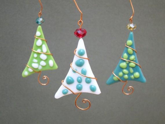 Christmas Tree Ornaments 3 Fused Glass Polkadot Party Favor Handmade OOAK Green teal