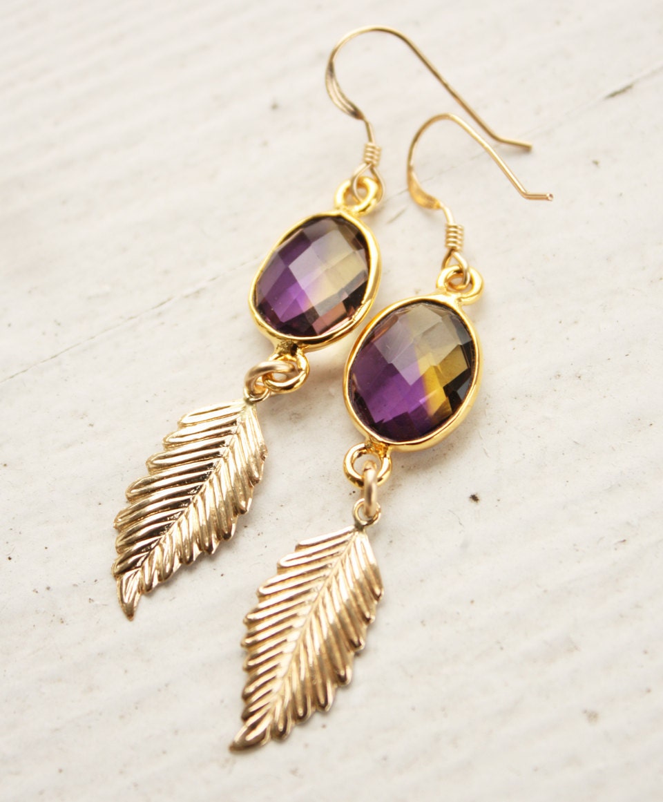 Purple Ametrine and Gold Feathers Necklace - 14kt gold fill - Boho Chic