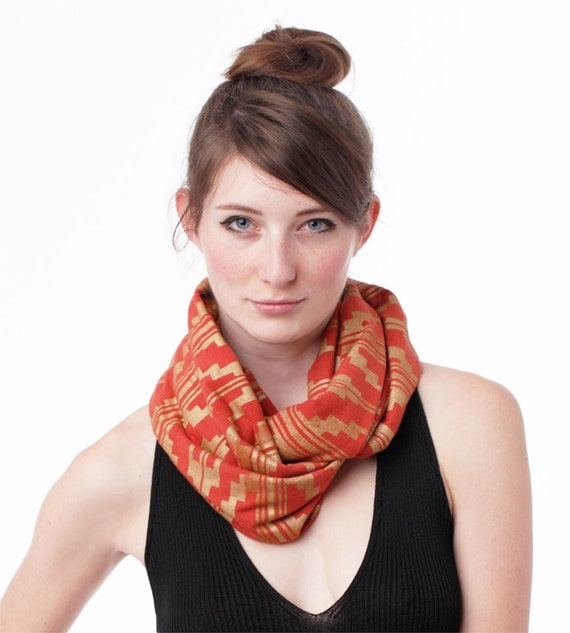 Hand Printed Infinity Scarf in Gold 'Southwest' Print on Rust Organic Jersey