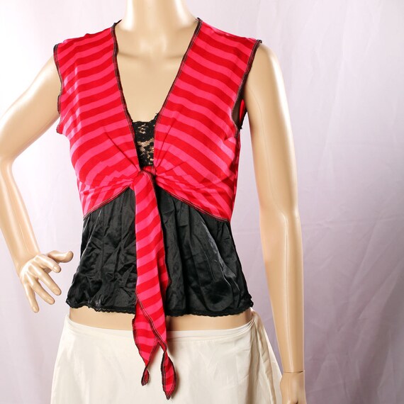 Vampire Stripe Choli Top Carnival Belly Dance, Long Pointy Red stretchy cotton shirt Shrug Bolero Gypsy Punk Pirate Pixie