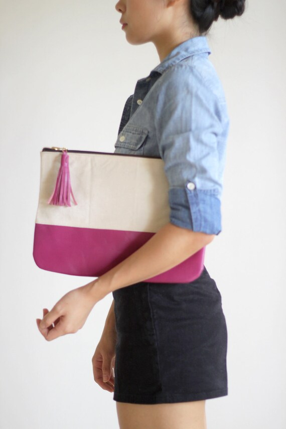GRANDE- Medium Canvas and Leather Carry-all Pouch in Magenta