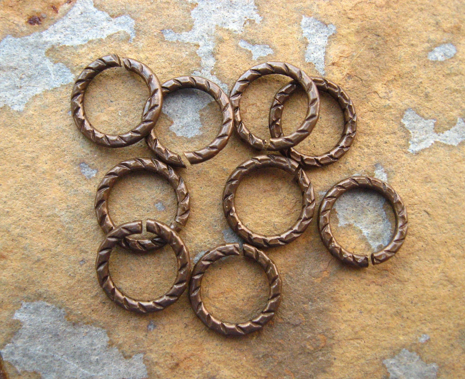Etched Open Jumprings 9mm 16 gauge Trinity Vintage Patina - Trinity Brass Co. LOW SHIPPING