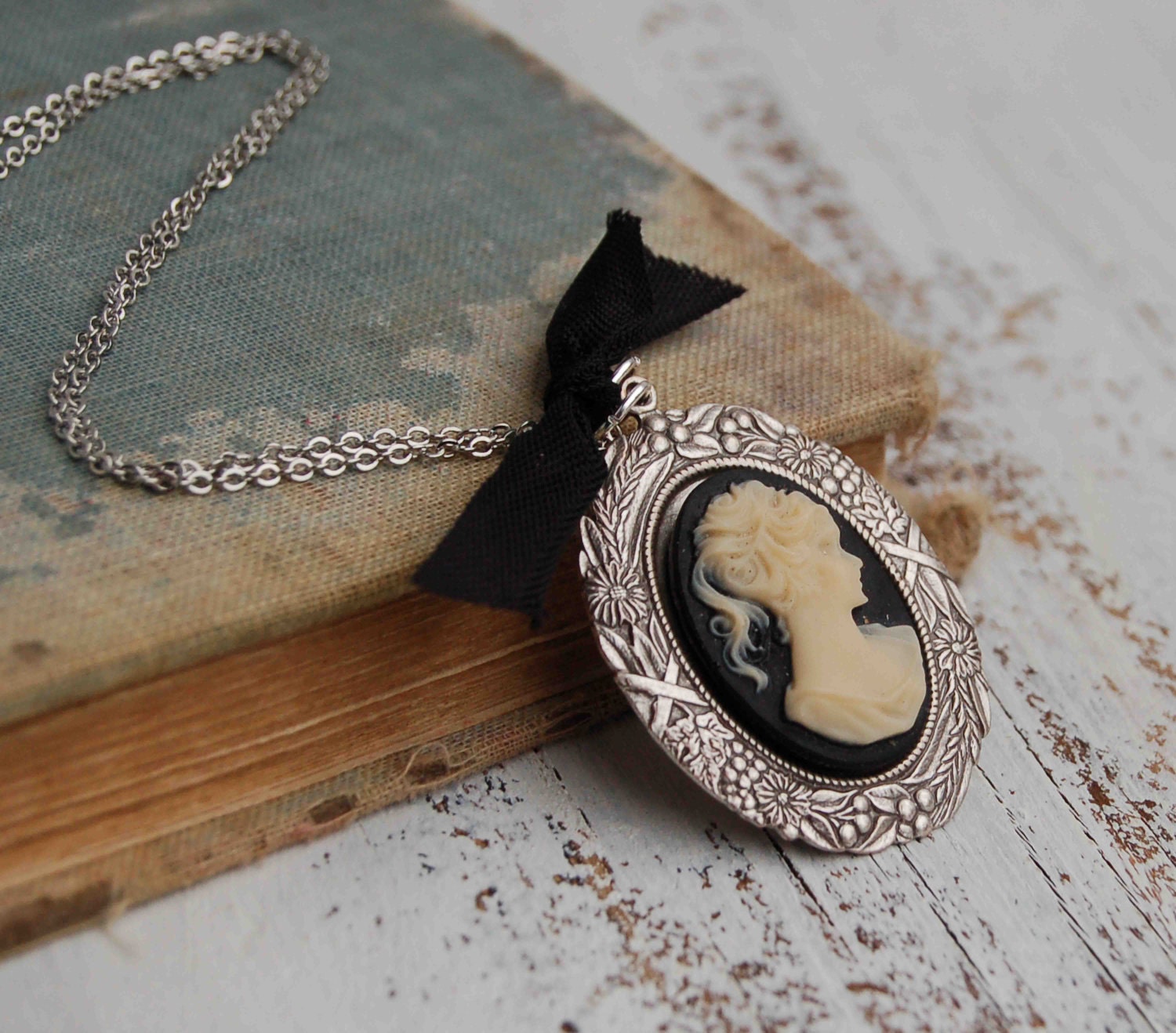 BLACK CAMEO NECKLACE Silver Romantic Jane Austen Victorian Black Ribbon