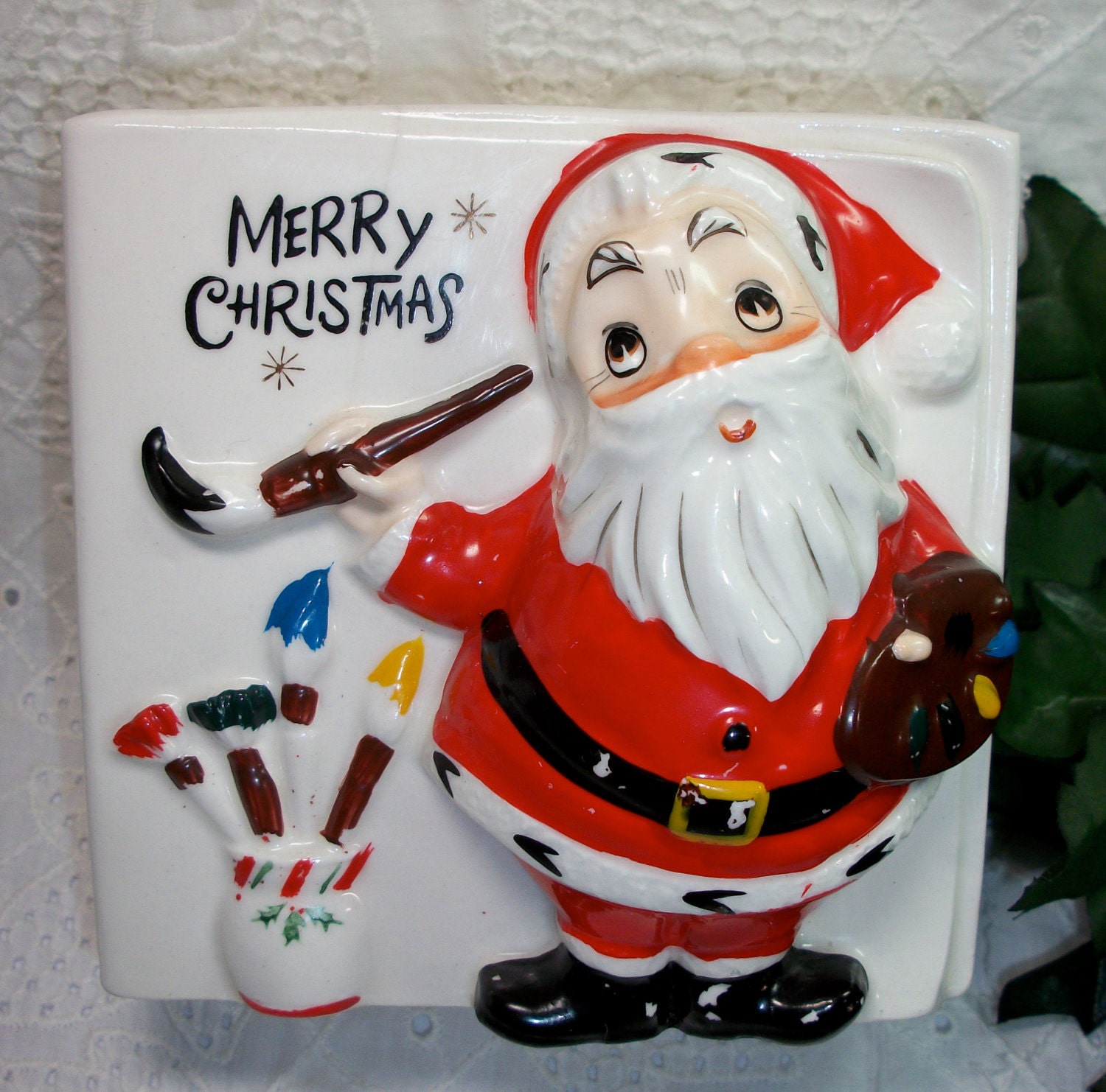Christmas napkin holder relpo Santa painting with art brushes and paint vintage 1950s