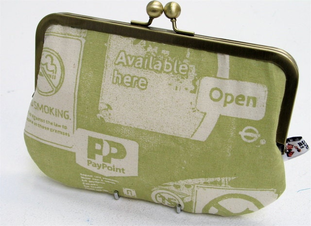 Screenprinted clutch purse with margarita green Corner Shop Window design