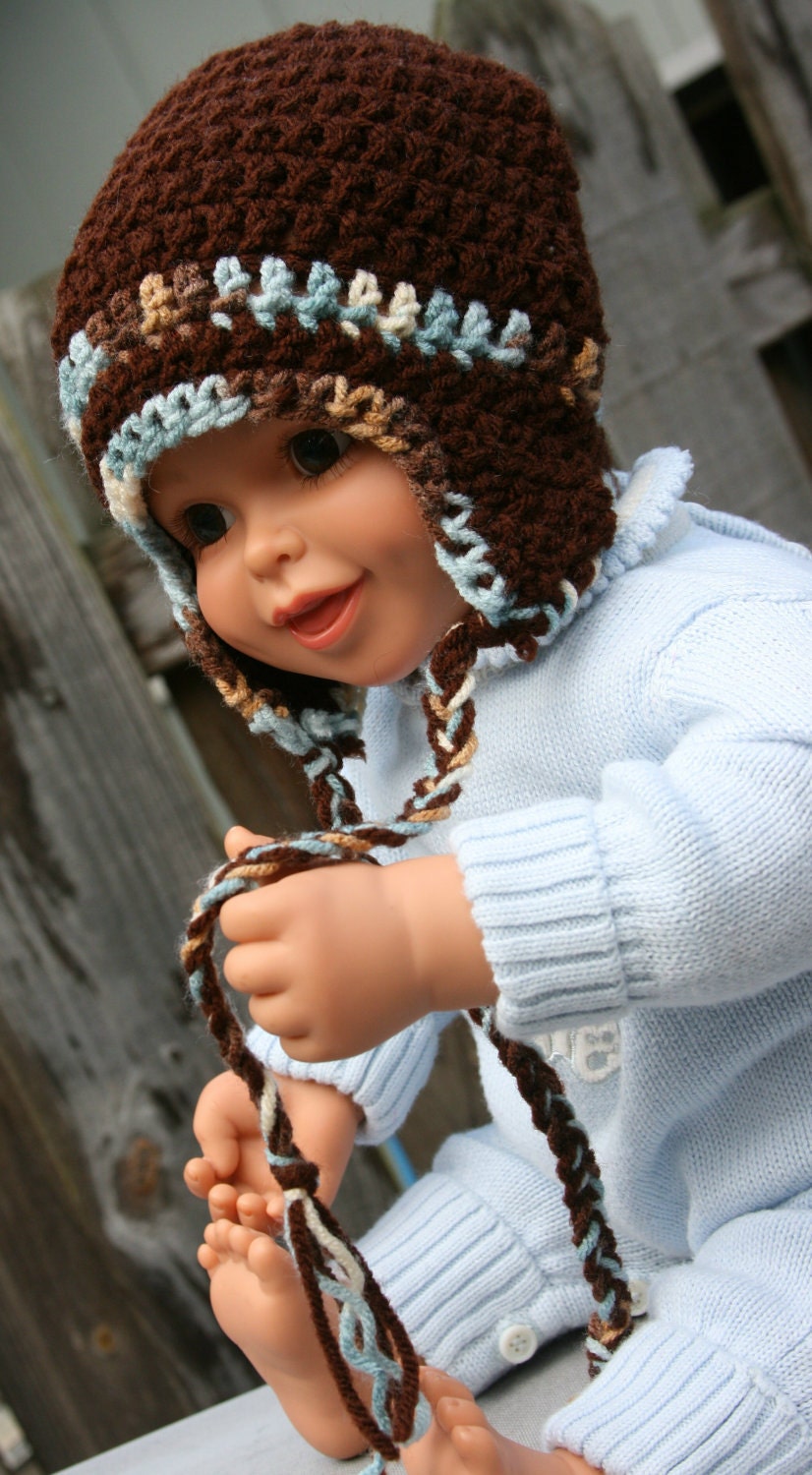 Baby Boy hat earflap crocheted in blue camo, tan and brown 0-3 months Only one available