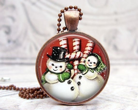 Snowman Peppermint Necklace - Glass Dome Vintage Copper - Picture Pendant, Photo Pendant, Wearable Art Jewelry by Lizabettas